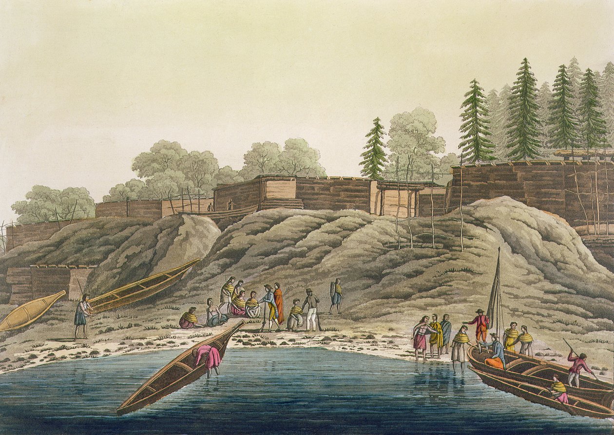 Nutka indiánok ajándékot cserélnek európai felfedezőkkel vagy bálnavadászokkal, Jules Ferrario "Le Costume Ancien et Moderne", I. kötet, 18. tábla, 1820-30-as évek körüli kiadásból. alkotó: Paolo Fumagalli