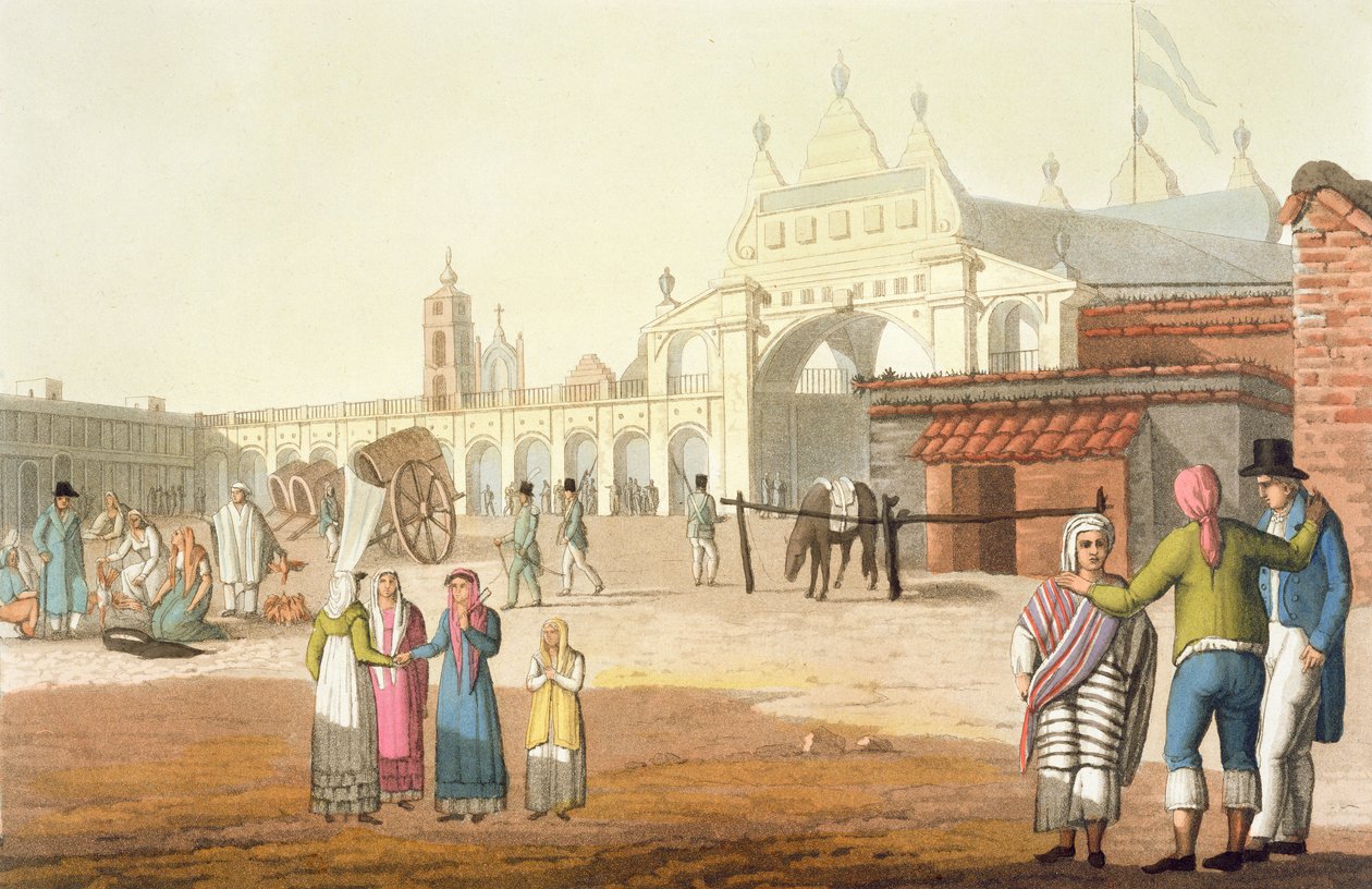 Piazza del Mercato, Buenos Aires, Argentína, a „The Ancient and Modern Costume”, II. kötet, 1. lemezből, Jules Ferrario, az 1820-as és 30-as évek körül megjelent alkotó: Paolo Fumagalli