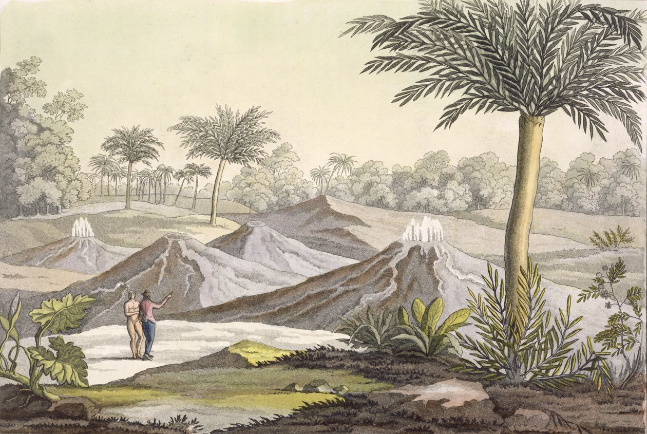 Ario di Turbaco vulkánja Cartagena mellett Kolumbiában, Jules Ferrario „Le Costume Ancien et Moderne” I. kötetének 7. táblájából, az 1820-as és 30-as évek körül megjelent (színes metszet) alkotó: Paolo Fumagalli