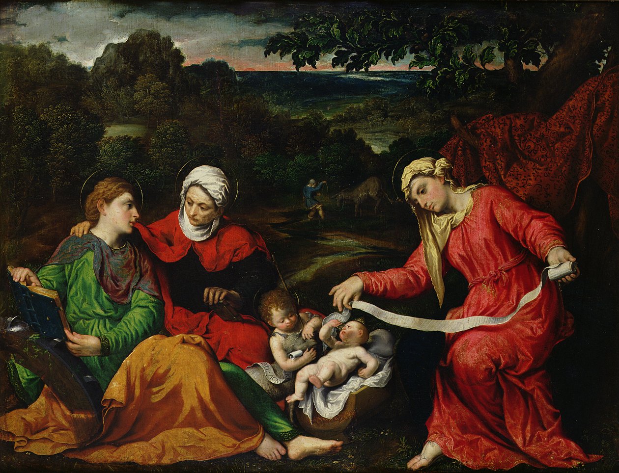 Pihenjen az egyiptomi repülésen Keresztelő Szent Jánossal, Szent Erzsébettel és Szent Katalinnal 1545 körül alkotó: Paris Bordone