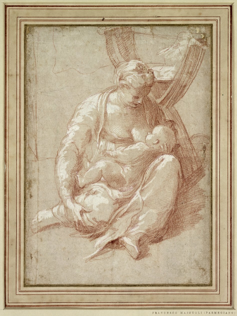 Szűz ül a földön, ápolja a gyermeket alkotó: Parmigianino