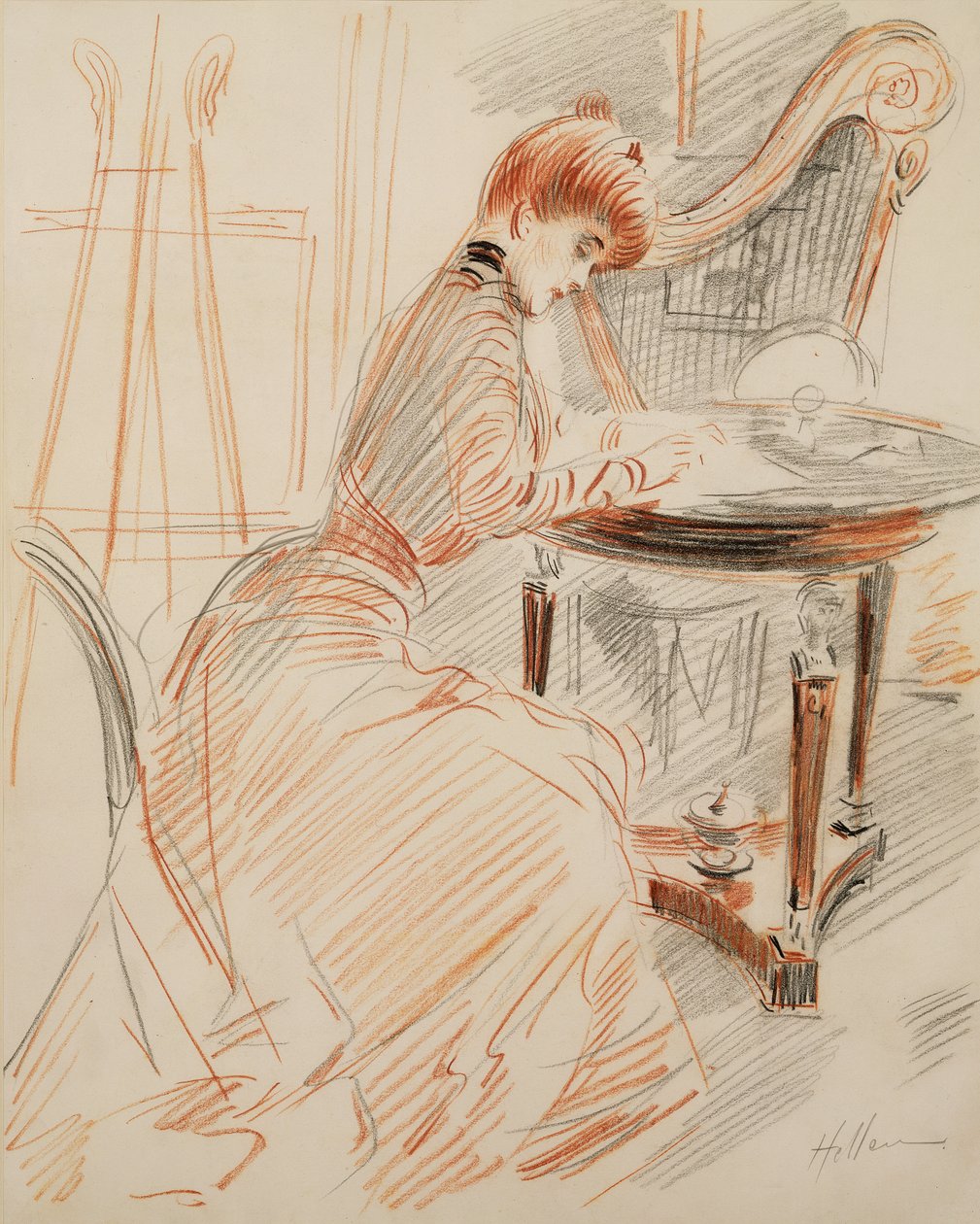 Madame Helleu írás (piros ceruza és szén) alkotó: Paul Cesar Helleu