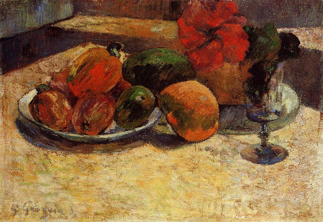 Egzotikus gyümölcsök piros virágokkal alkotó: Paul Gauguin