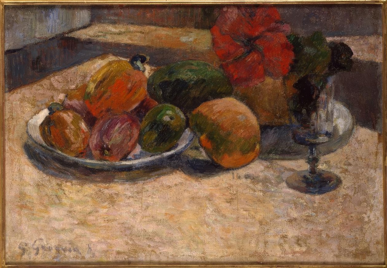 Egzotikus gyümölcsök és piros virágok alkotó: Paul Gauguin