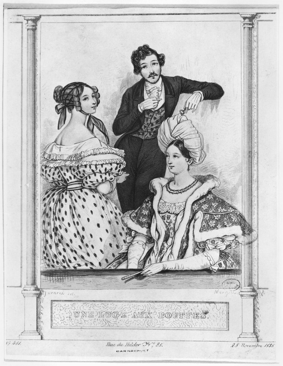 Színházi páholy a Bouffes-ban, metszet Jean Denis Nargeot (sz.1795) 1835. november 28. alkotó: Paul Gavarni