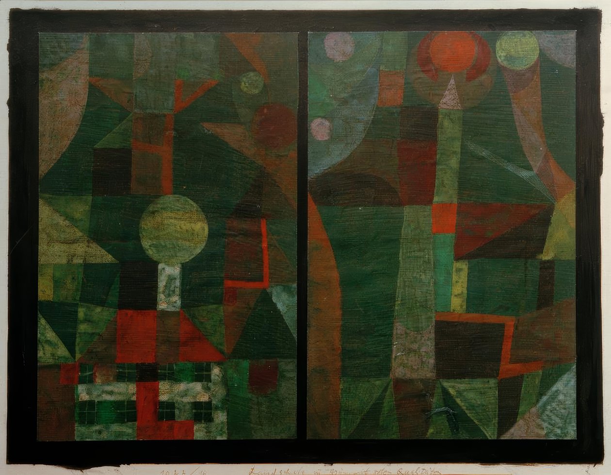 Táj zöld színben, piros tulajdonságokkal alkotó: Paul Klee