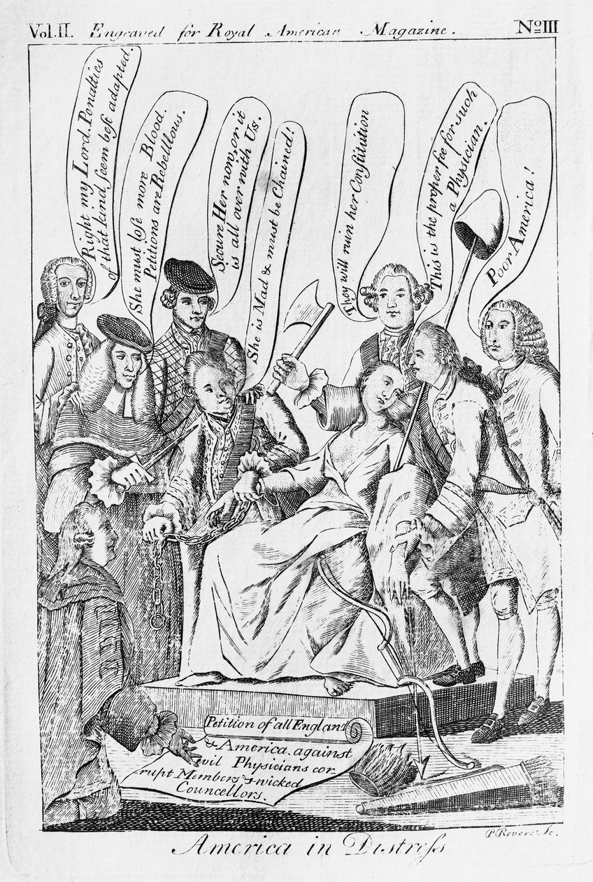 America in Distress, kinyomtatva az 1775 márciusában megjelent „Royal American Magazine”-ban alkotó: Paul Revere