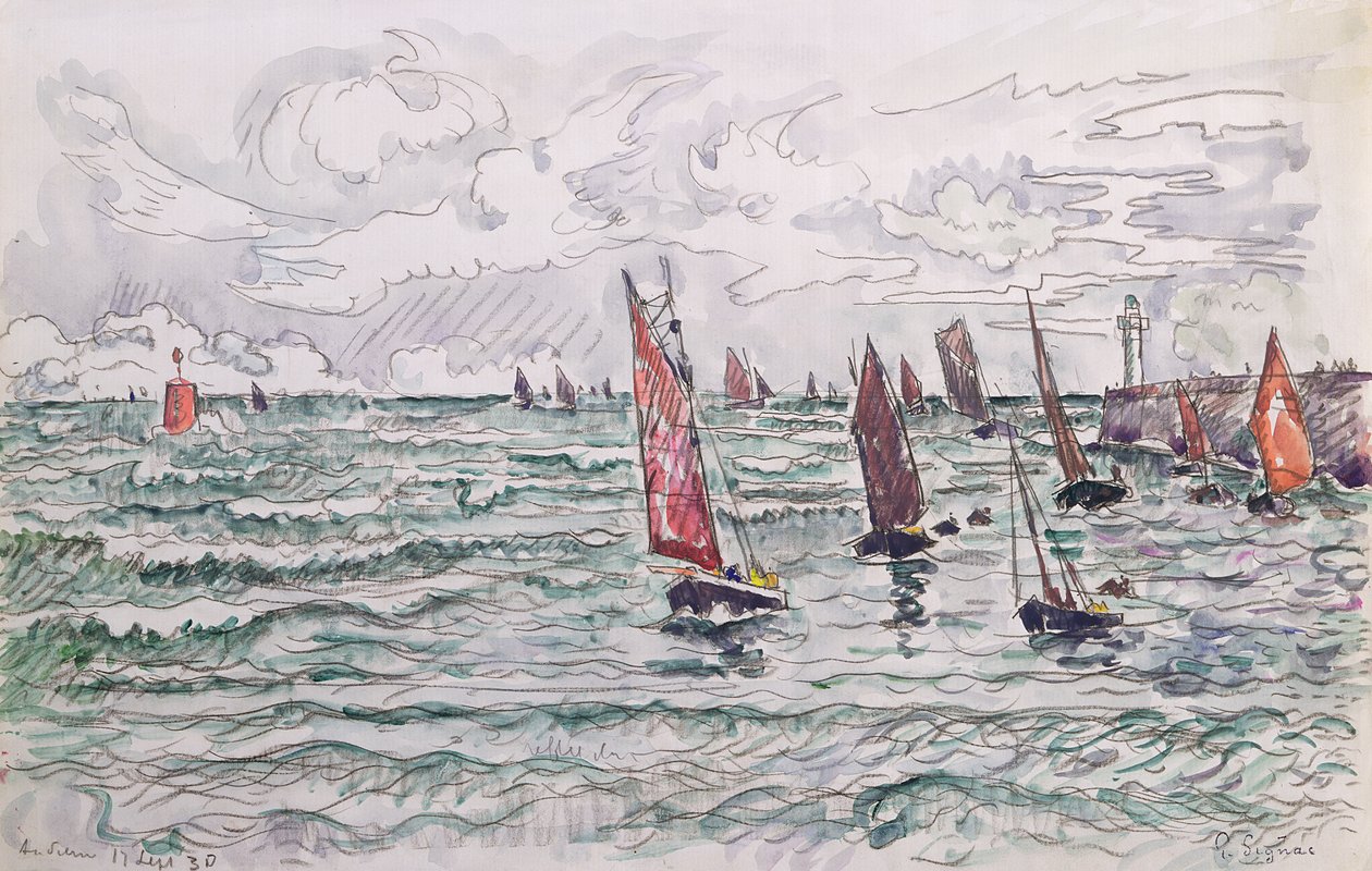 Audierne, A halászhajók visszatérése, 1930 (wc és ceruza papíron) alkotó: Paul Signac