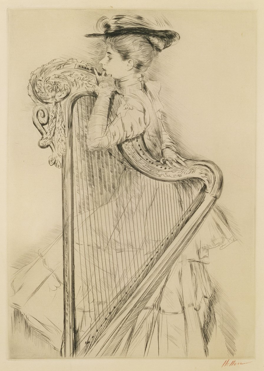 Nő hárfával (szárazhús) alkotó: Paul Cesar Helleu