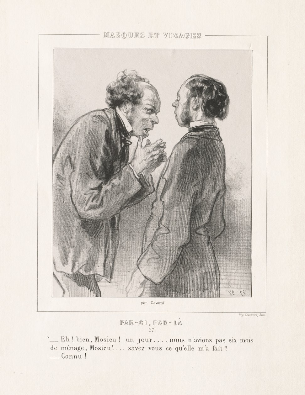 Maszkok és arcok: itt, ott, 1850-es évek. alkotó: Paul Gavarni
