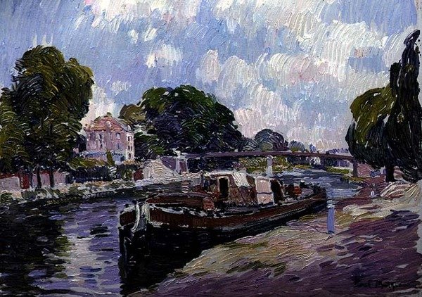 A csatornahajó, Bougival (olaj a fedélzeten) alkotó: Paul Mathieu