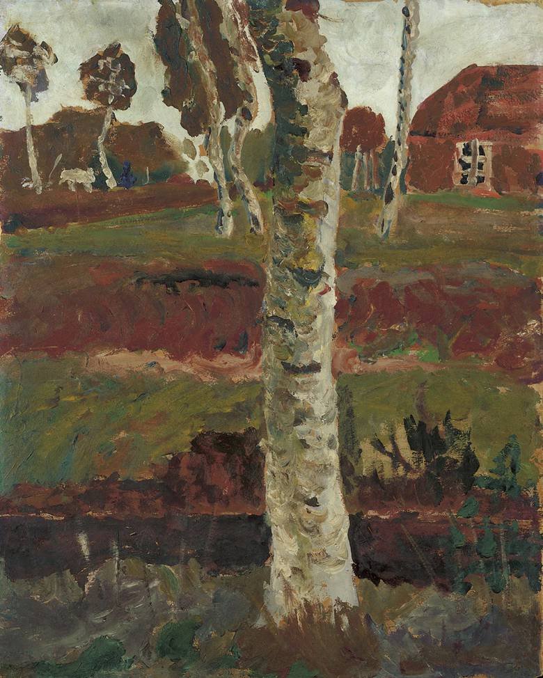 Nyírfa törzs a várároknál táj előtt, házzal alkotó: Paula Modersohn Becker