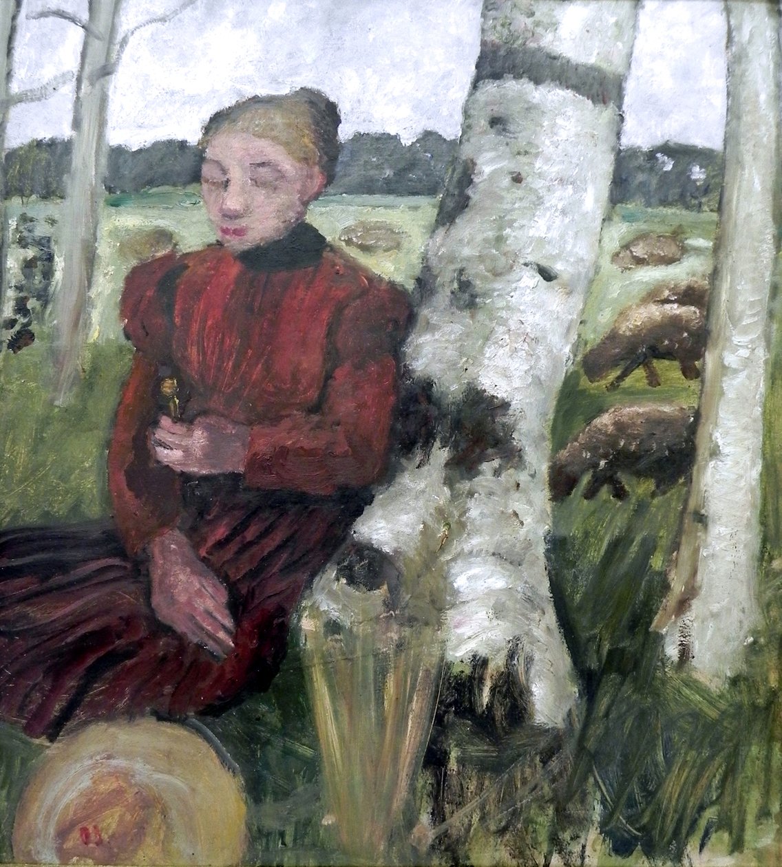 Lány pihen a nyírfa törzsön, juhállomány a háttérben alkotó: Paula Modersohn Becker