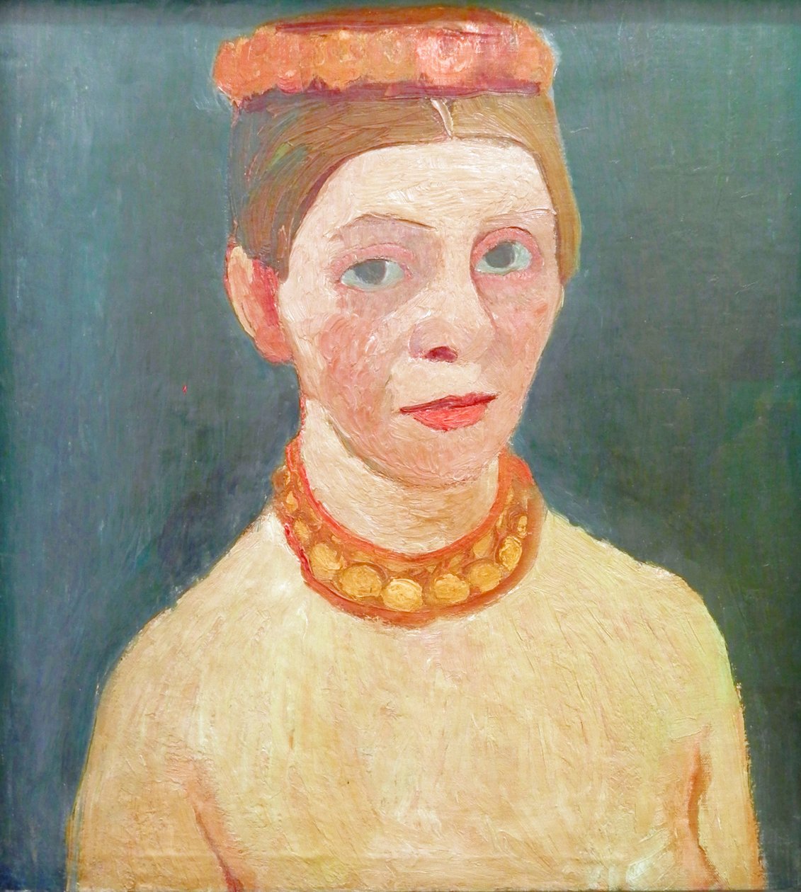 Önarckép, piros virágkoszorúval és lánccal alkotó: Paula Modersohn Becker