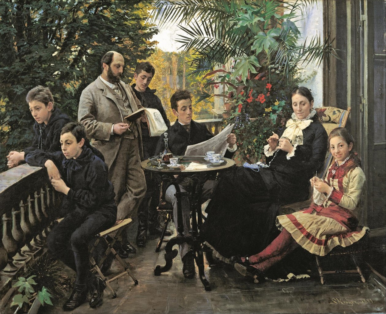 A Hirschsprung családi portré. Balról Ivar, Aage, Heinrich, Oscar, Robert, Pauline és Ell ... alkotó: Peder Severin Krøyer