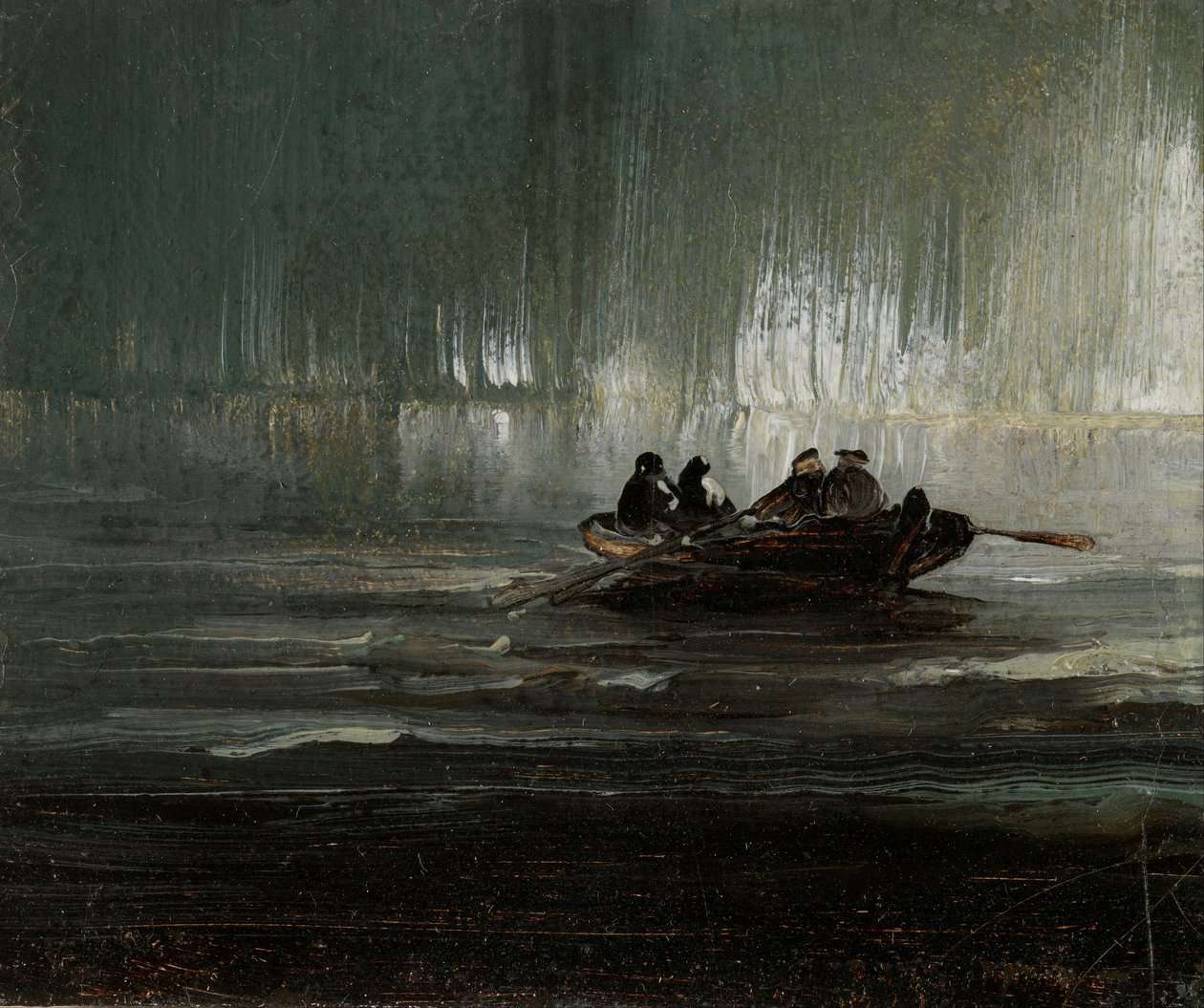 Északi fény négy férfi felett az evezős csónakban alkotó: Peder Balke