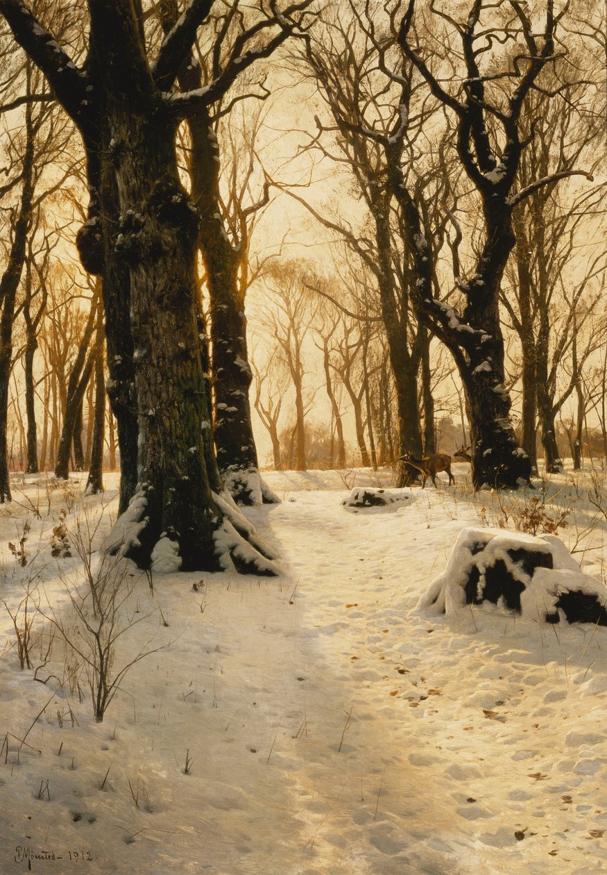Egy erdős téli táj szarvassal alkotó: Peder Monsted