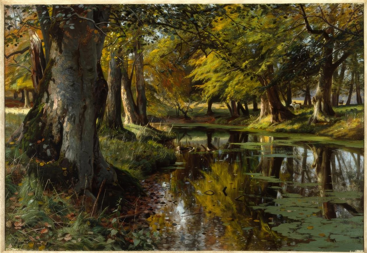 P. Mönsted, nyár végén az erdei patakon alkotó: Peder Monsted