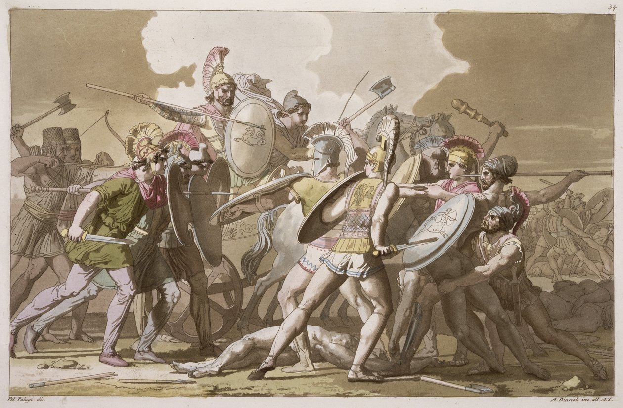Görögök és trójaiak harca Patroklosz testéért, Jules Ferrario „Le Costume Ancien et Moderne” 34. táblája, Angelo Biasioli (1790-1830) metszet, az 1820-30-as években megjelent alkotó: Pelagio Palagi