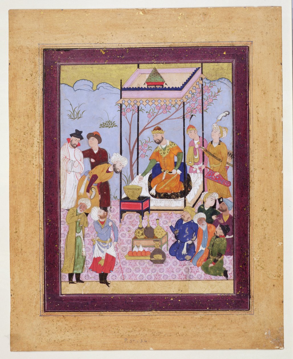 Nizami Khamsa egy pavilonban a követők és kísérők között, 1590 körül (wc, testszín és aranyozott a kártyán) alkotó: Persian School