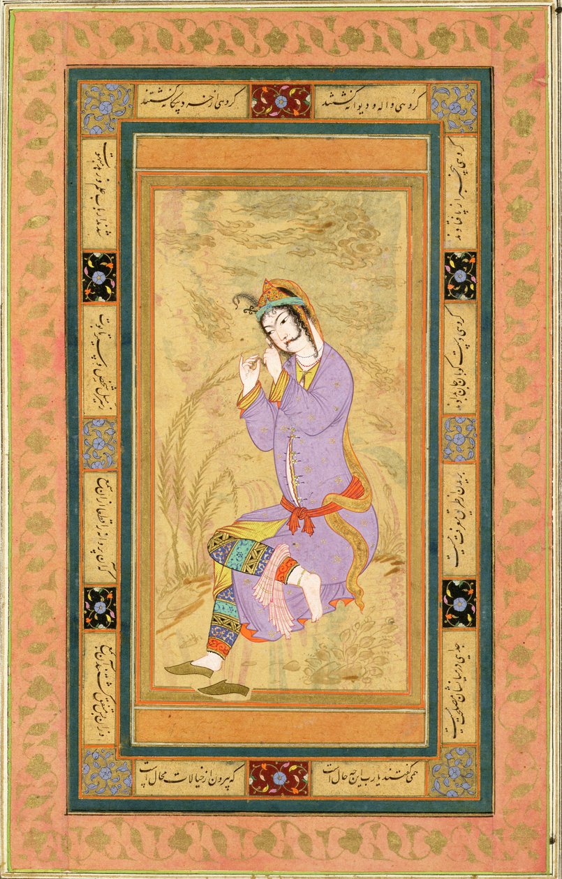 Ülő lány, aki gyűrűkre csavarja a haját, a Large Clive albumból, 1600-1010 alkotó: Persian School