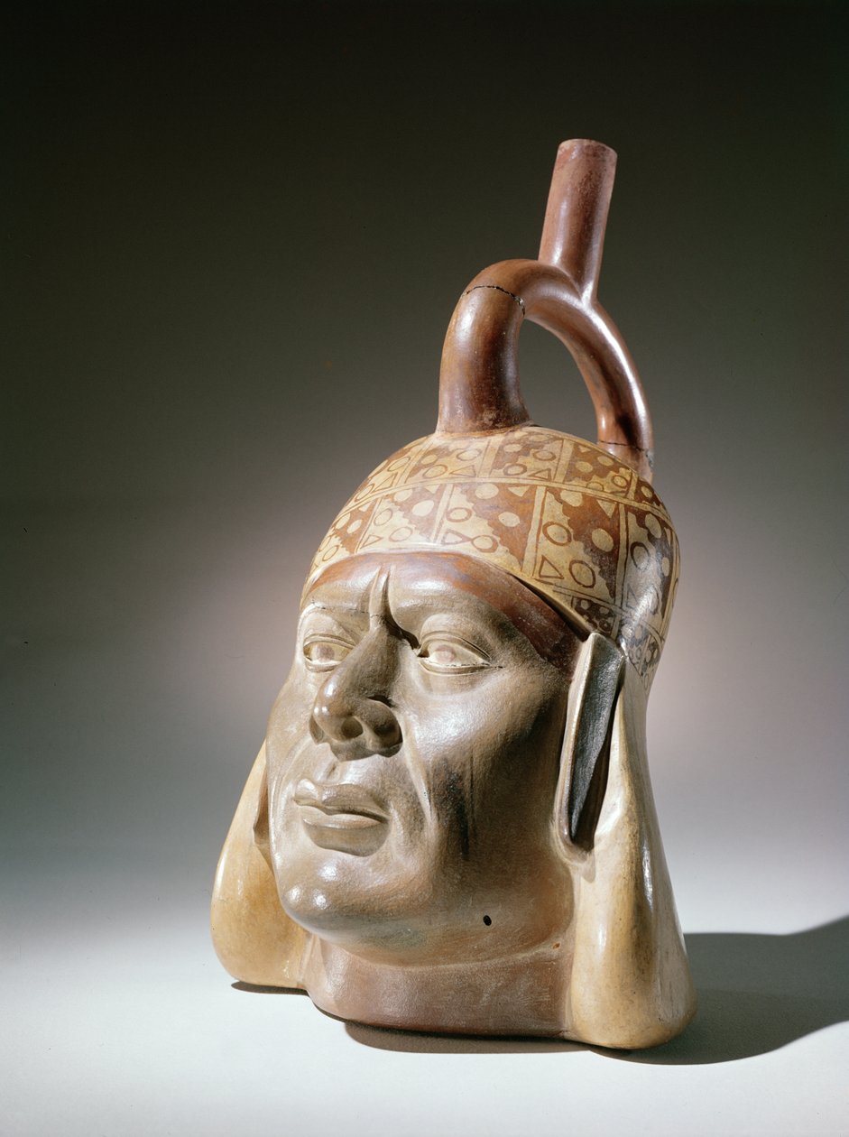 Fazekas portréedény, Mochica (cserép és festék) alkotó: Peruvian School