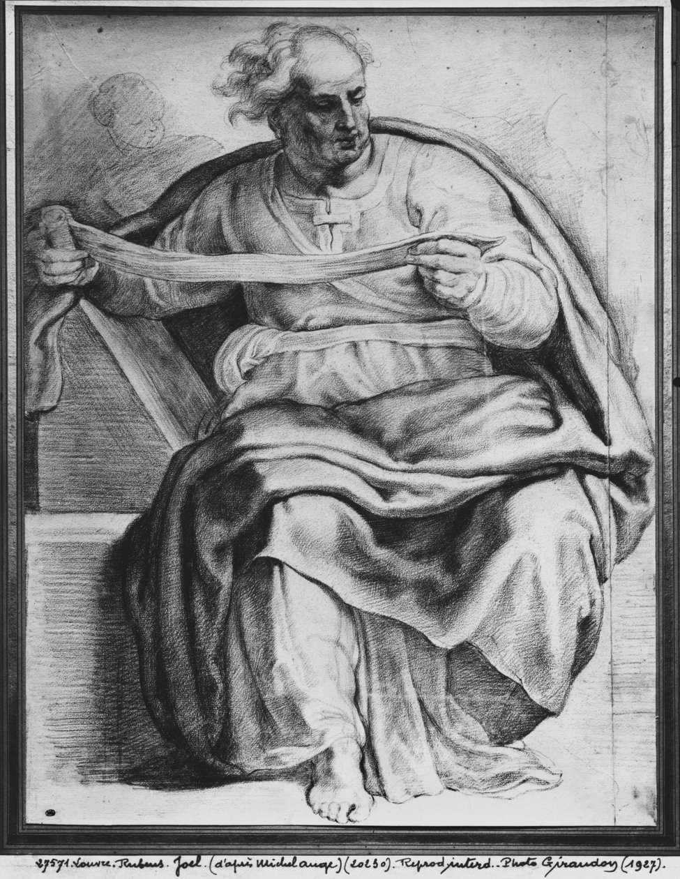 Joel próféta, Michelangelo Buonarroti nyomán (pierre noire és piros kréta papíron) alkotó: Peter Paul Rubens