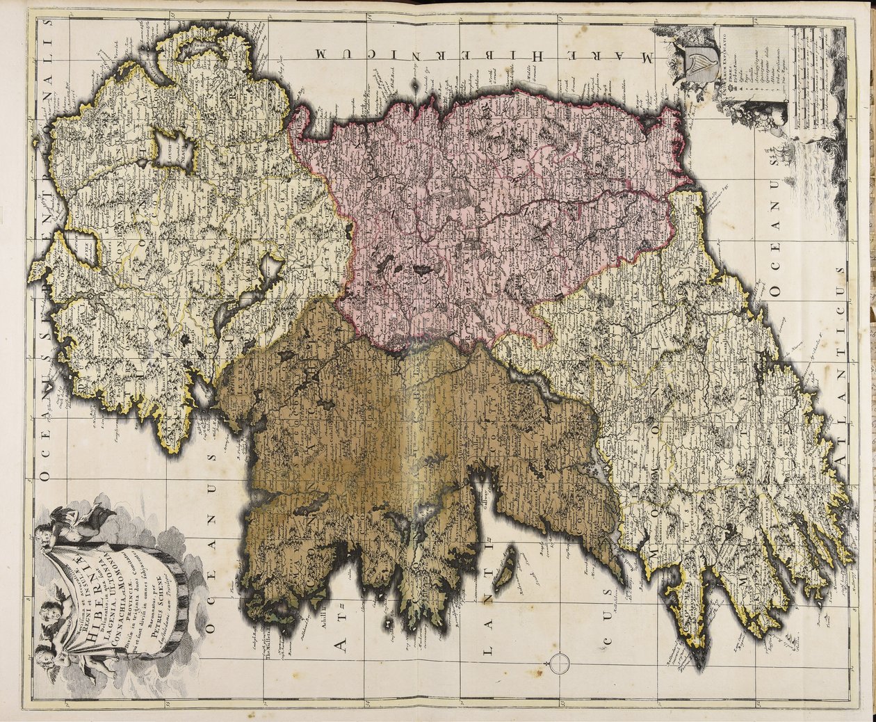Írország királyságának és szigetének utolsó és legpontosabb körvonala: Leinster, Ulster, Connaught és Munster tartomány alkotó: Peter Schenk the Elder