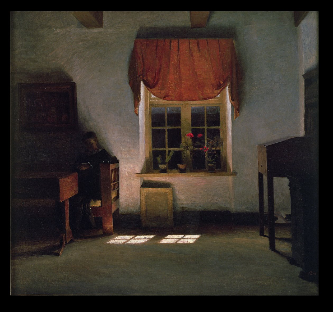 Napsütötte belső térben olvasó nő alkotó: Peter Vilhelm Ilsted