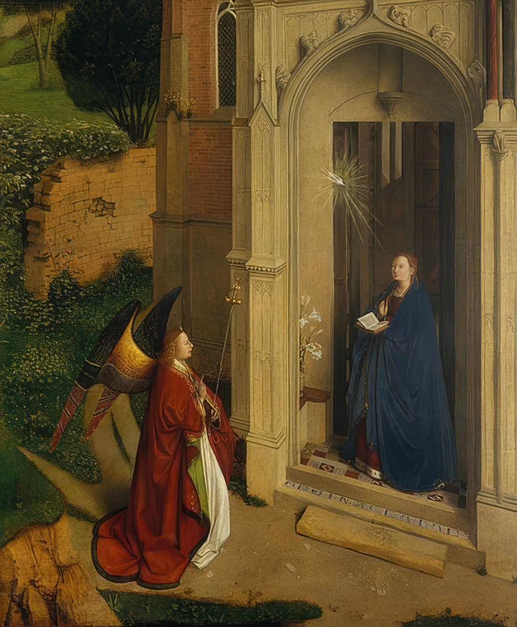 Az Angyali üdvözlet. 1450 körül alkotó: Petrus Christus