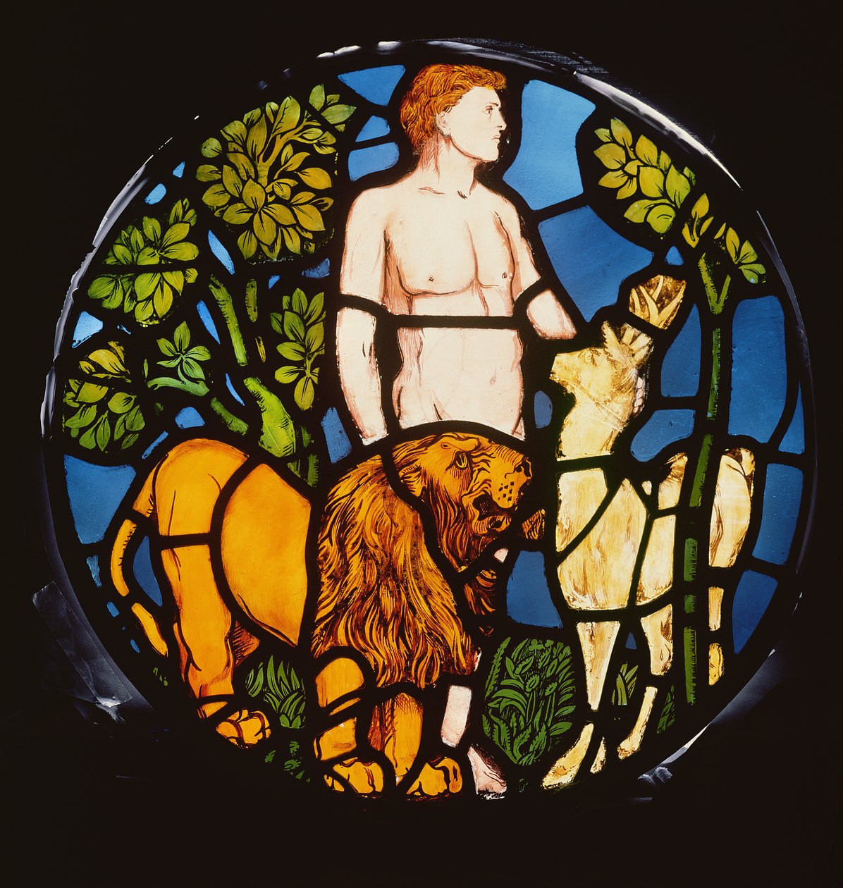 Adam Nevezi a vadállatokat, részlet a Teremtés ablakból, 1861 ólomüveg részlet, 120153 alkotó: Philip Webb