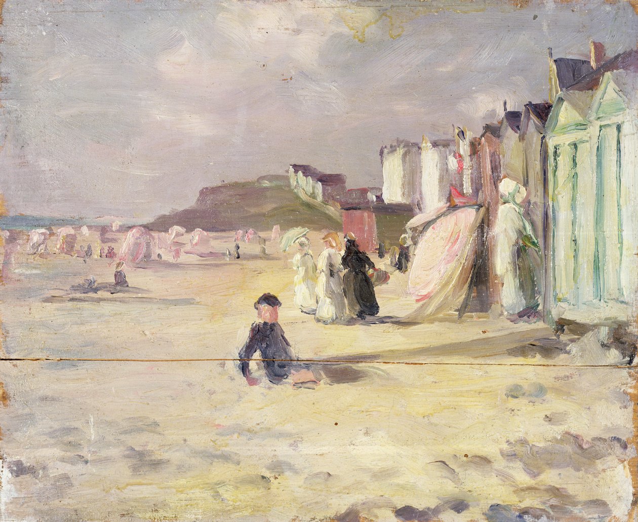 Figurák sétálnak egy sor strandkunyhó mellett (panel) alkotó: Philip Wilson Steer