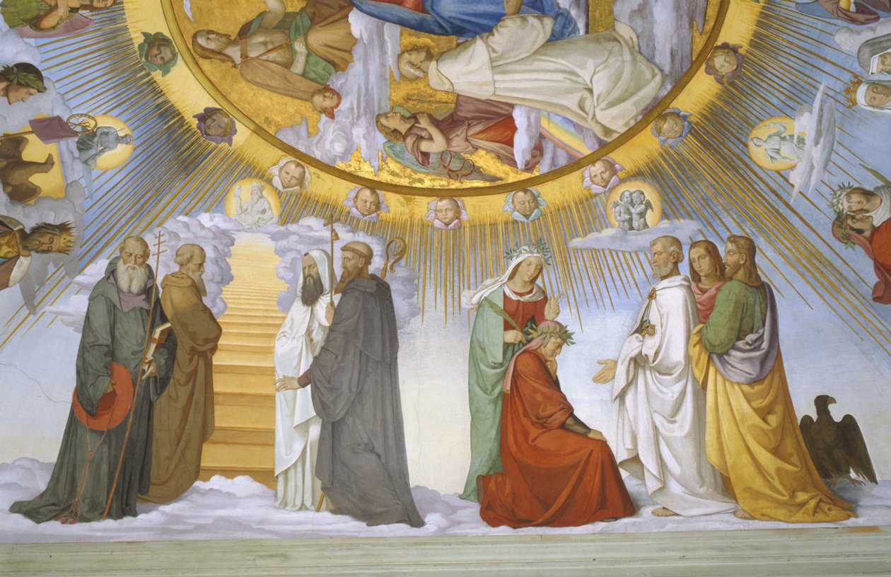Dante szobájának boltozata, részlet: Dante, Beatrice, Constance császárné, a villanovai Clarissa Piccarda Rómeó és Justinianus császár alkotó: Philipp Veit
