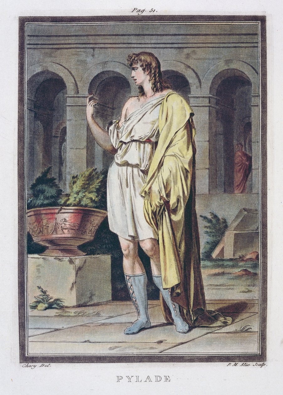 Pylades, Jean Racine „Andromache”-jának jelmeze a „Research on the Costumes and Theatre of All Nations” I. kötetéből, vésette Pierre Michel Alix (1762-1817) 1802 alkotó: Philippe Chery