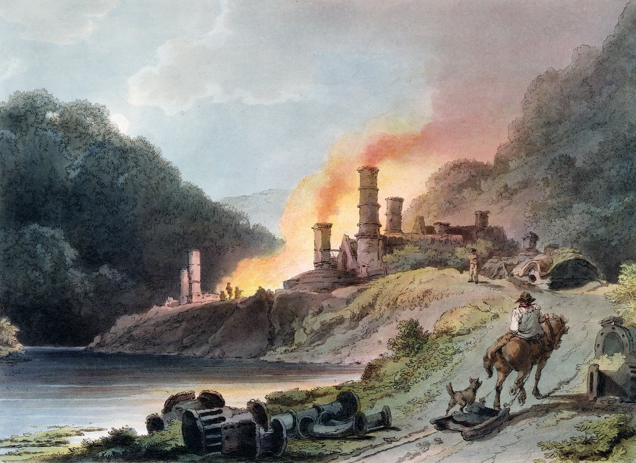 Vasmű, Coalbrookdale, vésette William Pickett, 1805 körül (színes akvatinta) alkotó: Philippe Jacques de Loutherbourg