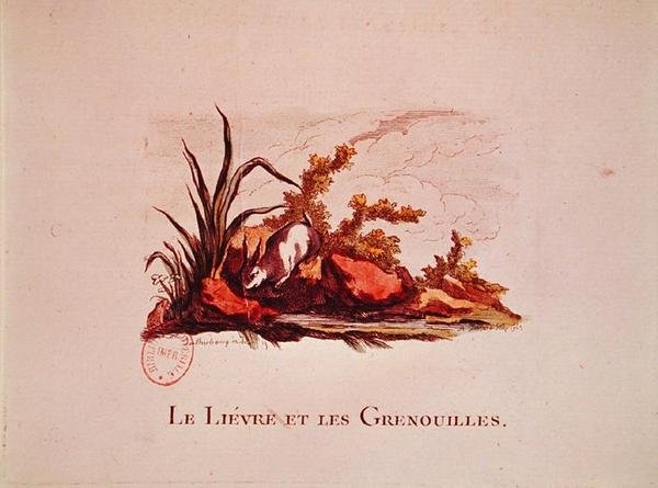 A nyúl és a békák, illusztráció a mesékből, Jean de la Fontaine (1621-95) 1823 alkotó: Philippe de after Loutherbourg