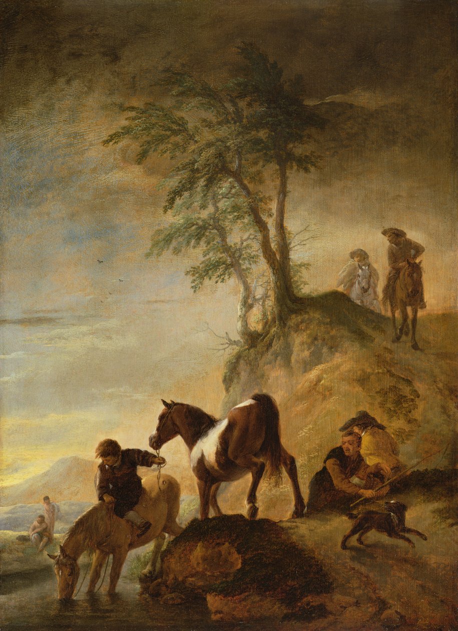 Lovasok itatják lovukat (panel) alkotó: Philips Wouwerman