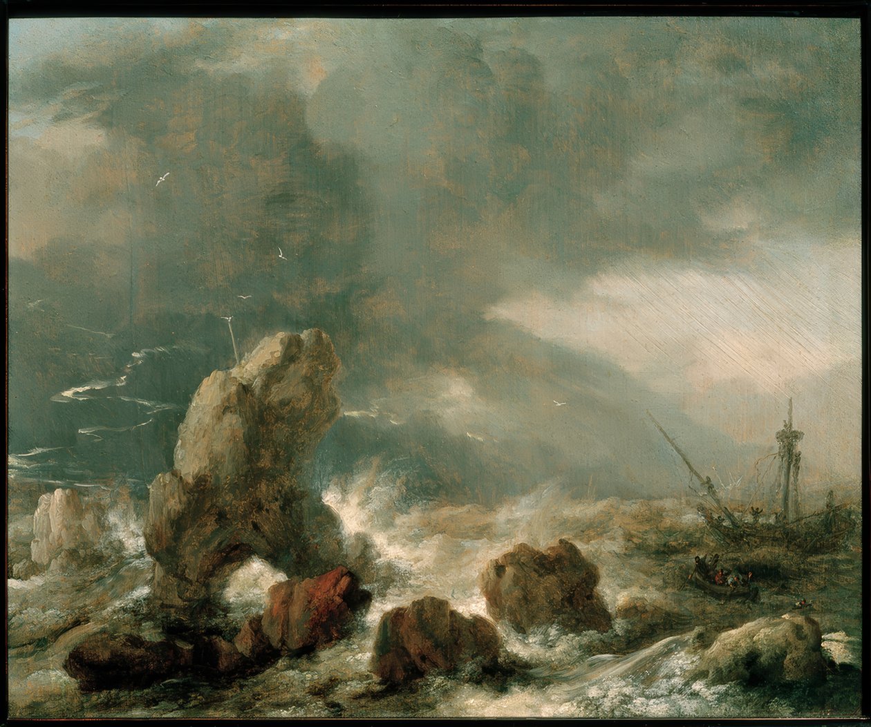 Viharos tenger három bajba jutott hajóval alkotó: Philips Wouwerman