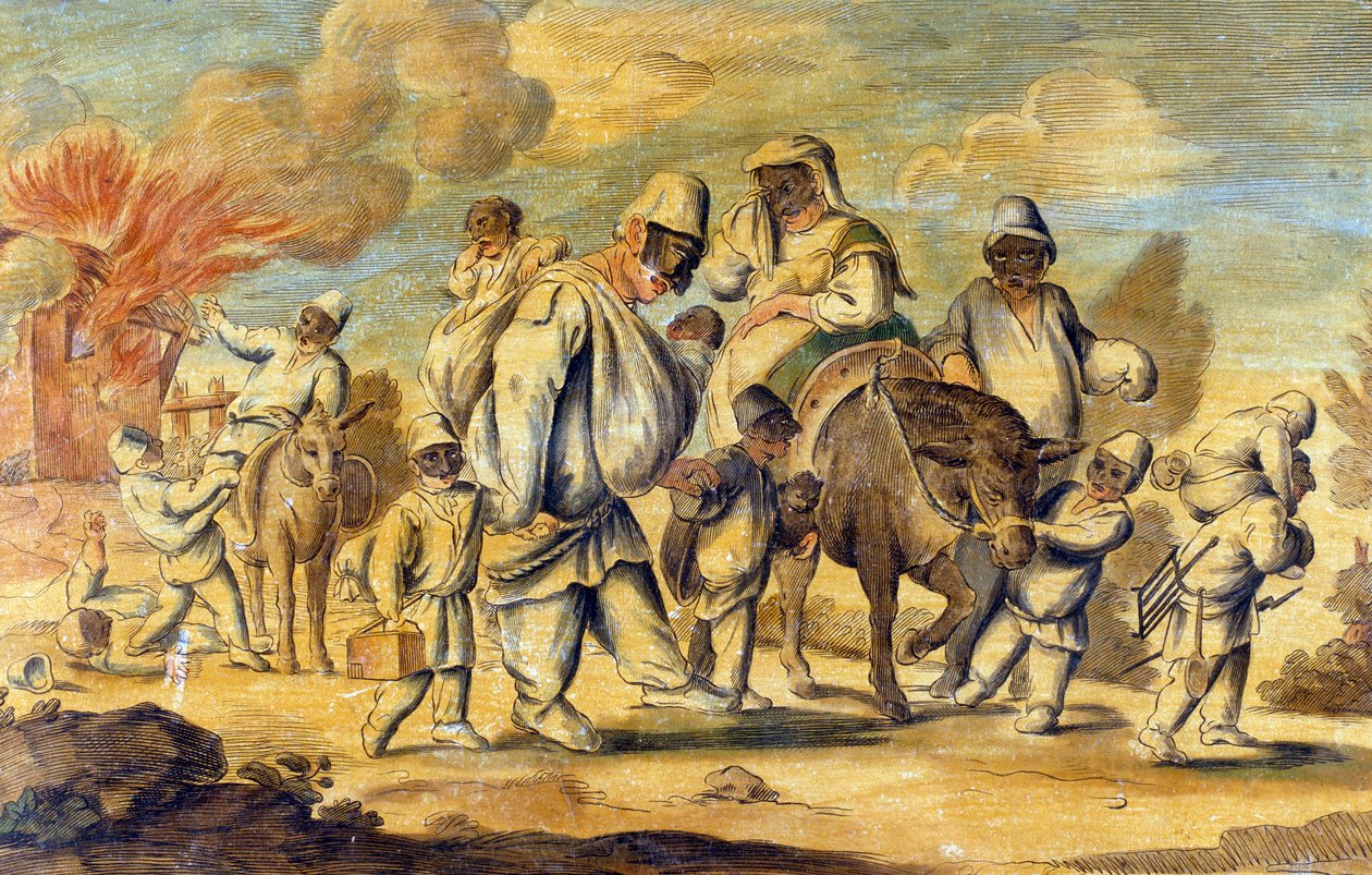 Pulcinella elvesztette otthonát a tűzben alkotó: Pier Leone (after) Ghezzi