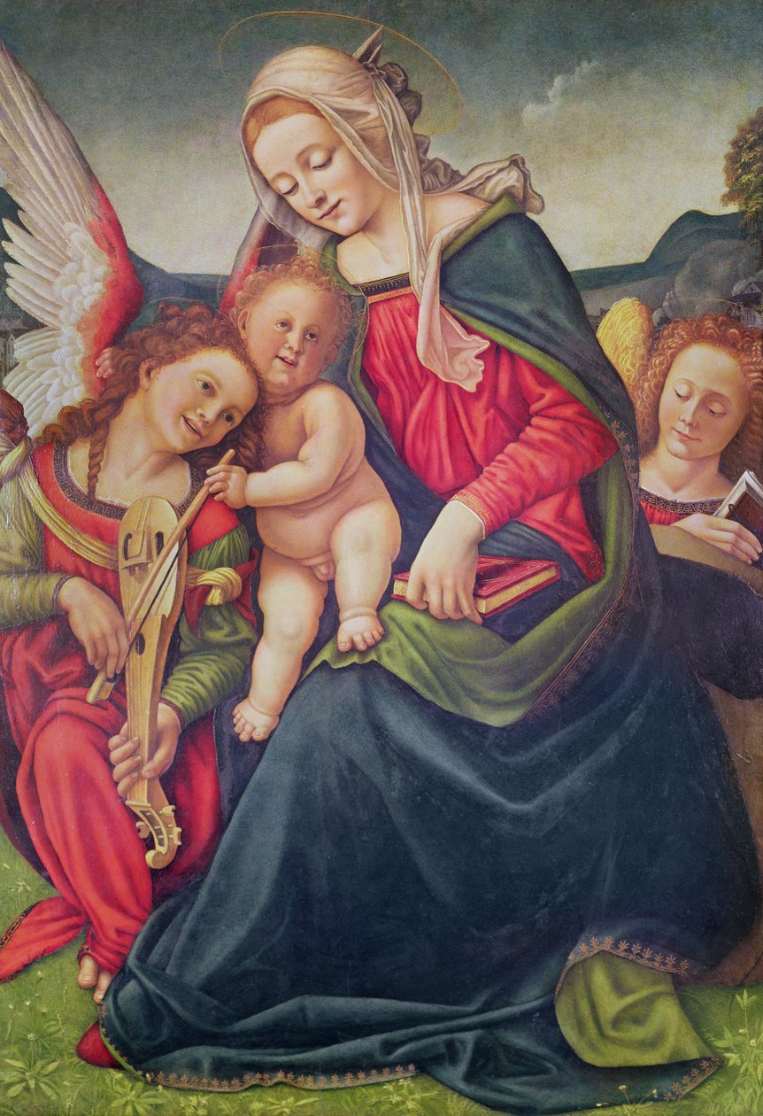 Szűz és gyermek és angyal zenészek (olaj, fa) alkotó: Piero di Cosimo