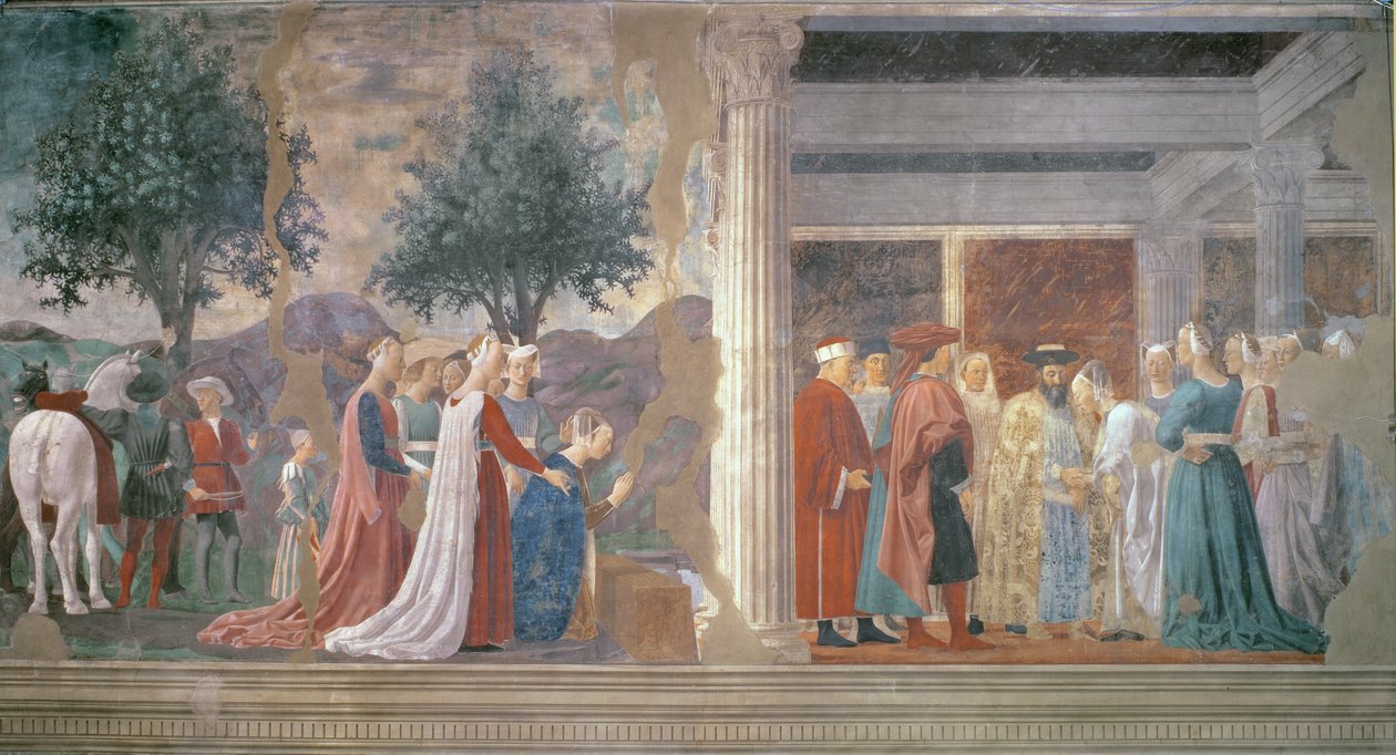 Sába királynője, aki az igaz kereszt fáját imádja és Sába királynőjének fogadása Salamon királytól (1015-977 körül) az Igaz kereszt legendája ciklusból, 1464-ben befejeződött alkotó: Piero della Francesca