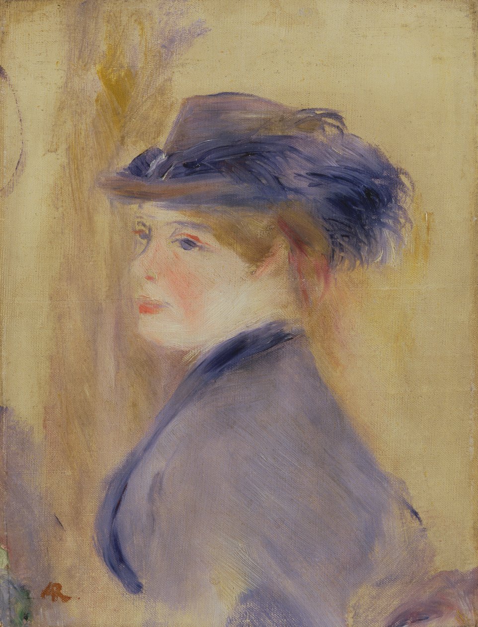 Kék ruhás nő tollas kalappal, 1875 körül alkotó: Pierre Auguste Renoir