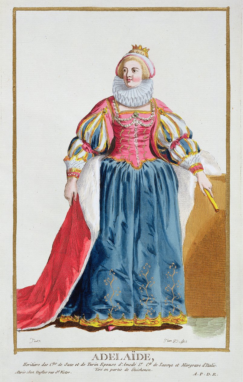 Adelaide, a „Recueil des Estampes, amely a rangokat és a méltóságokat képviseli, az összes létező nemzet viselete szerint”, 1780-ban jelent meg (kézzel színezett metszet) alkotó: Pierre Duflos