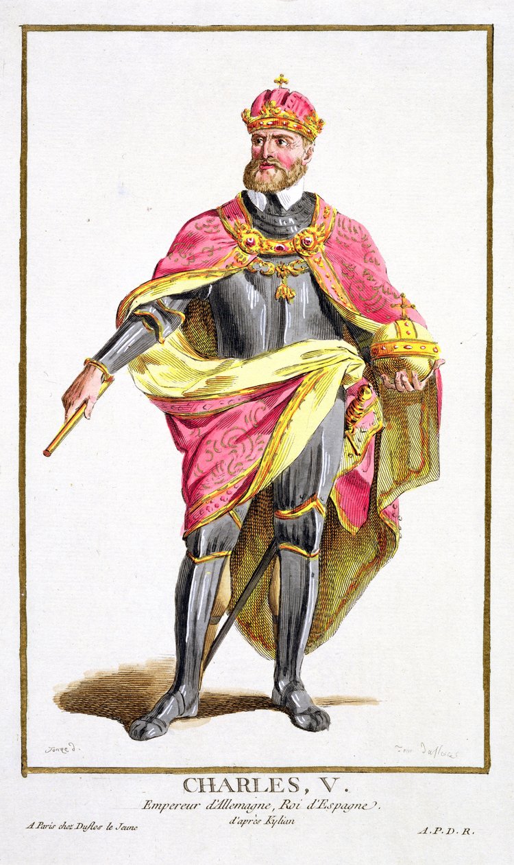 V. Károly (1500-58) a Receuil des Estampesből, a rangokat és a méltóságokat képviselő, az összes létező nemzet viselete szerint, 1780-ban (kézzel színezett metszet) alkotó: Pierre Duflos
