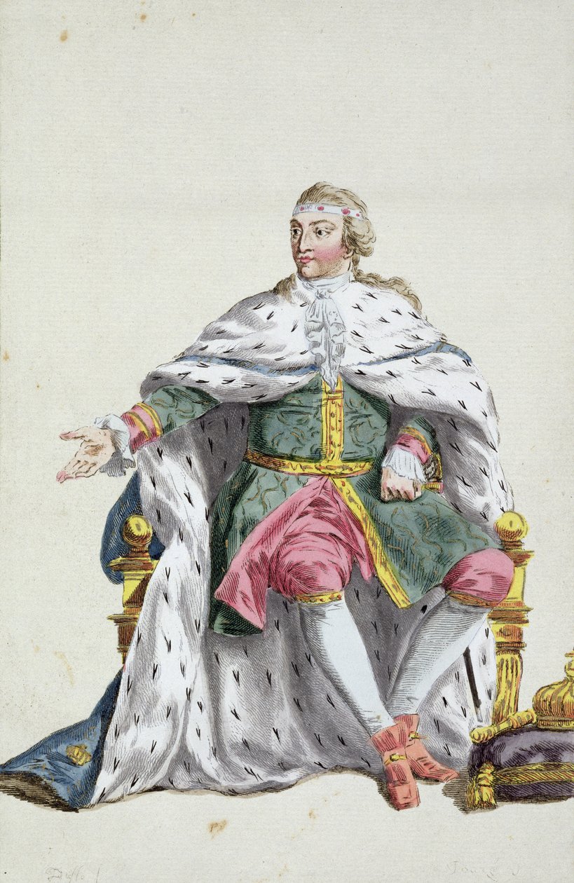 XII. Károly (1682-1718) svéd király a "Receuil des Estampes, representant les Rangs et les Dignites, suivant le Costume de toutes les Nations existantes" című, 1780-ban megjelent kiadványból (kézzel színezett metszet). alkotó: Pierre Duflos