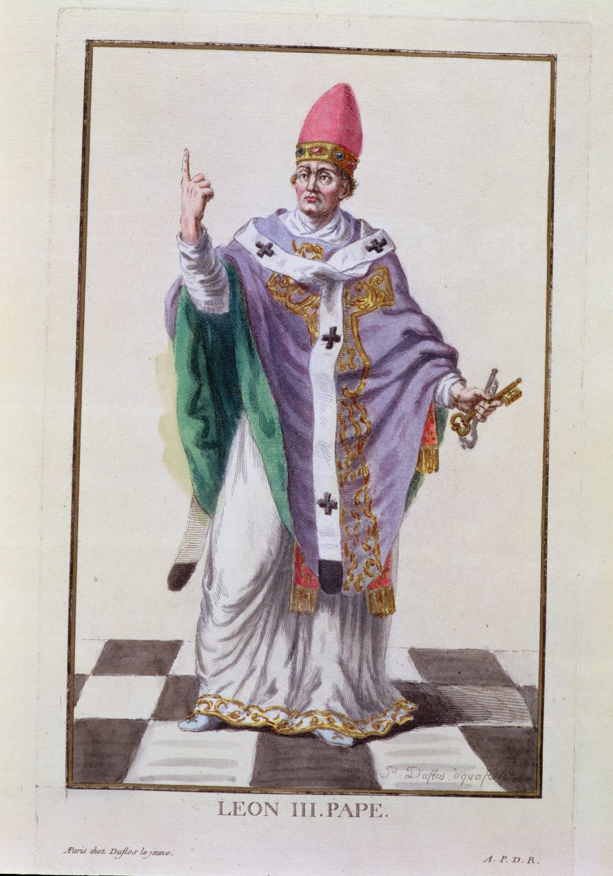 III. Leó pápa (795-816) a "Receuil des Estampes, representant les Rangs et les Dignites, suivant le Costume de toutes les Nations existantes" című, 1780-ban megjelent kiadványból (kézzel színezett metszet). alkotó: Pierre Duflos