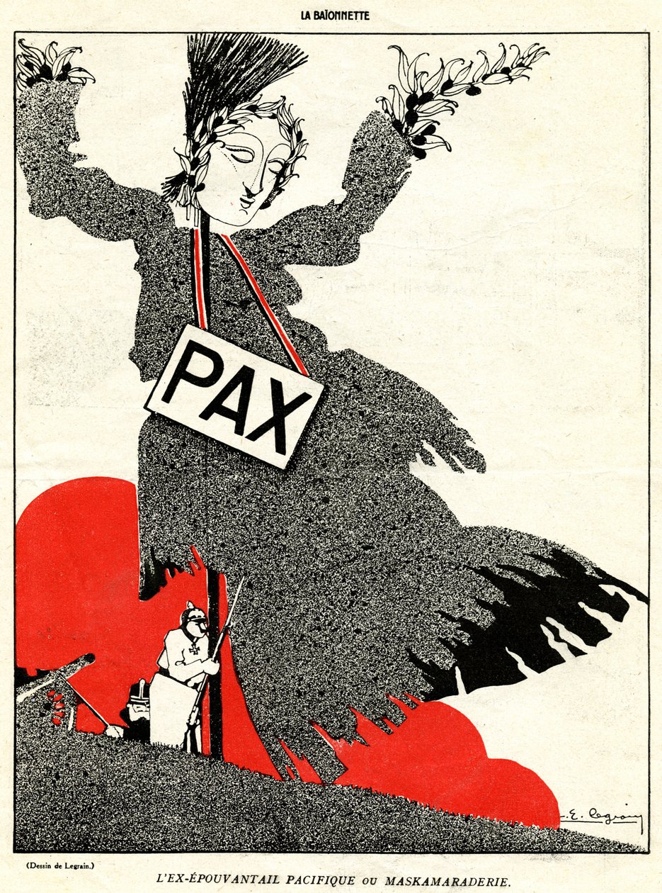 Az egykori békés madárijesztő vagy Maskamaraderie, a Kamerad!-ból, a "La Baionnette" különkiadásából, 18. szám, 1915. november 4. alkotó: Pierre E. Legrain