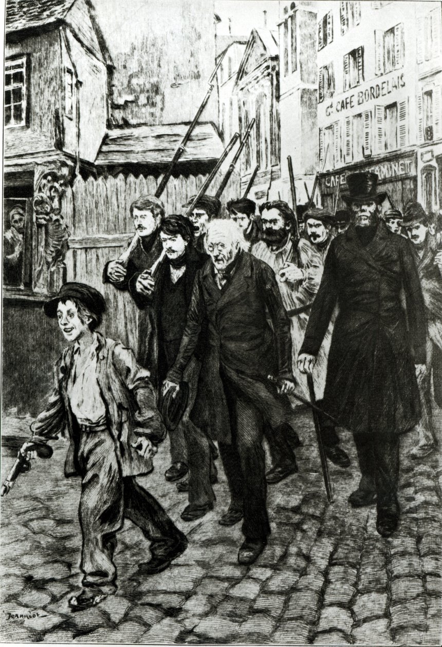 Gavroche demonstrációt vezet, illusztrációja Victor Hugo „Les Miserables” című művéből alkotó: Pierre Georges Jeanniot