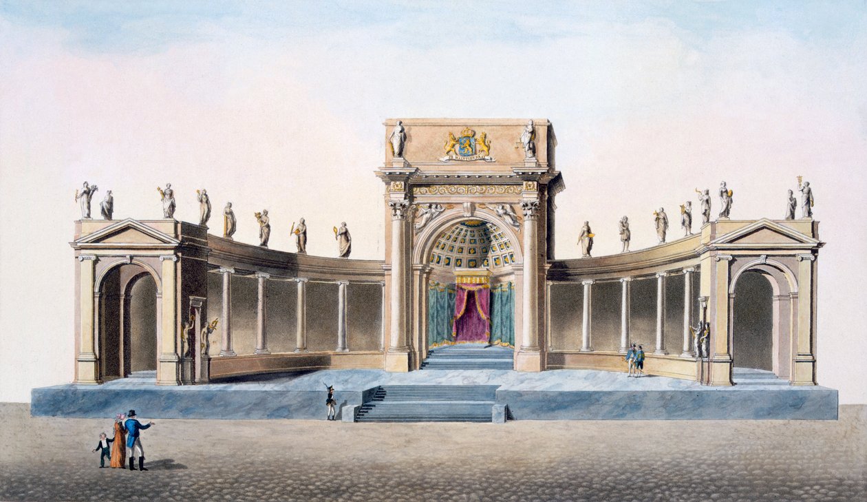 A király 1815-ös beiktatására emelt brüsszeli színház, az 1827-ben kiadott "Choix des Monuments, Edifices et Maisons les plus Remarquables du Royaume des Pays-Bas" című kiadványból. alkotó: Pierre Jacques Goetghebuer