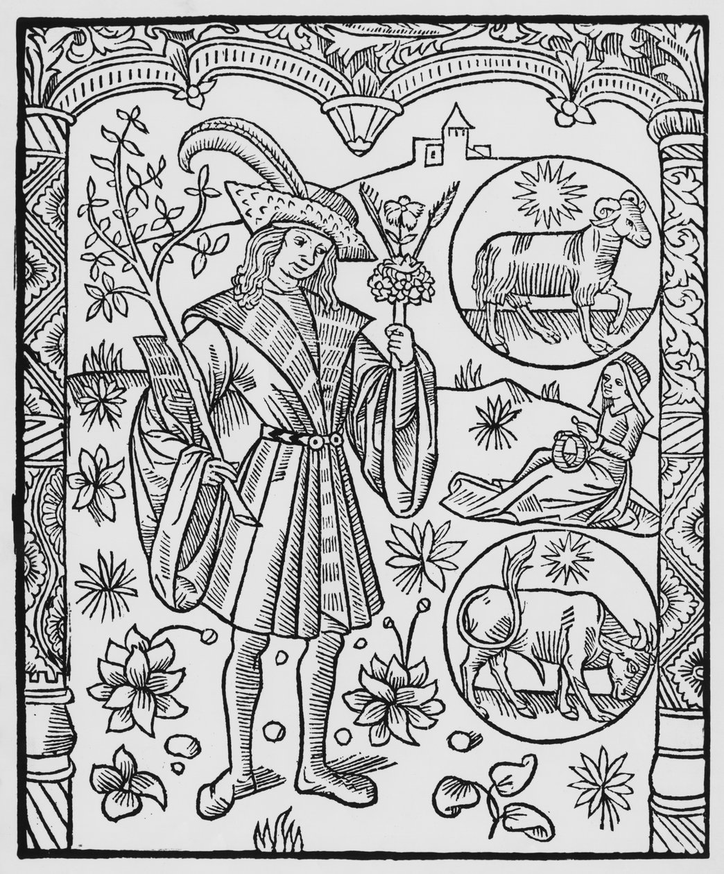 Április, virágok, Kos, illusztráció az „Almanach des Bergers”-ből, 1491 (xilográf) alkotó: Pierre Le Rouge